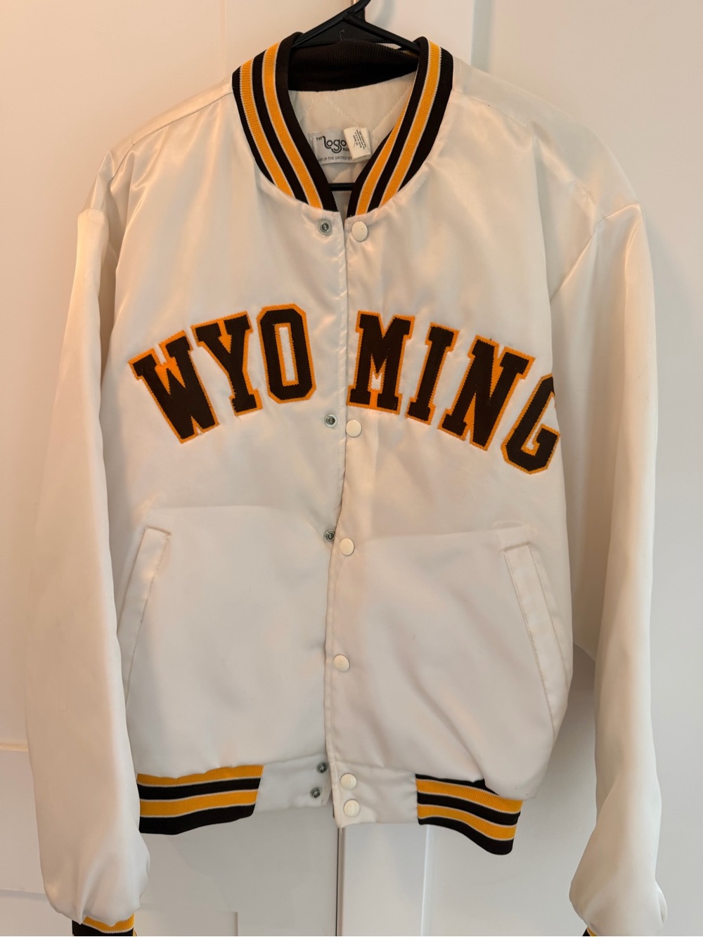 White 'Wyoming' Letterman Jacket with Brown & Gold Trim